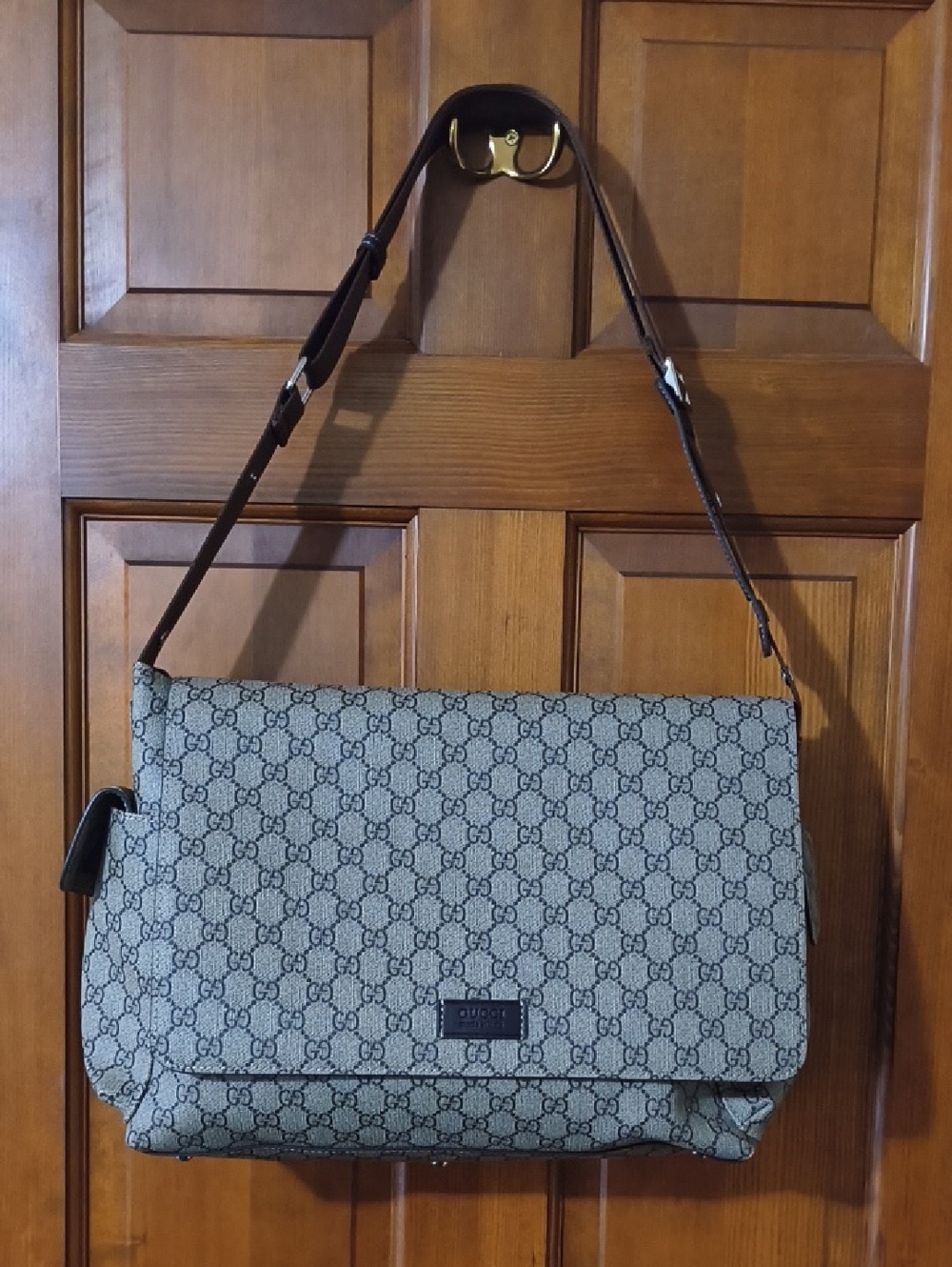 Gucci Beige GG Supreme Messenger Bag with Dark Brown Strap